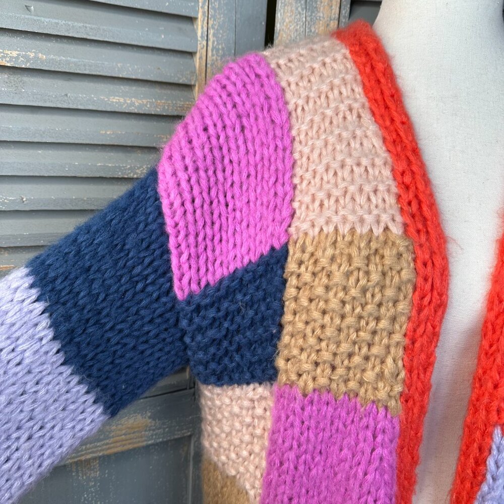 Saachi Rainbow Patchwork Chunky Knit Open Cardiga… - image 6
